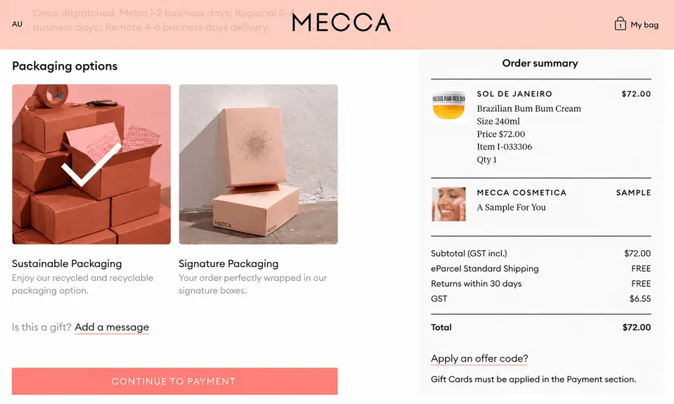 MECCA Cosmetica sustainable packaging checkout option