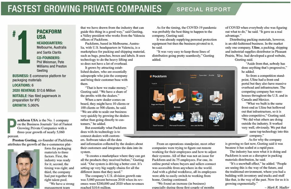 San Fernando Valley Business Journal – Packform Fastest Growing Private Companies 2021